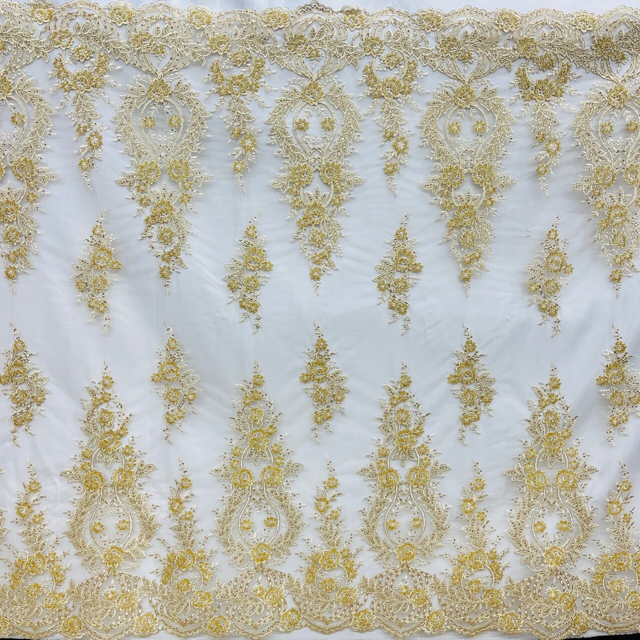 1 Yard Gold Beaded Corded Bridal Lace Fabric Embroidered on Polyester Net Mesh 54 Inch Width